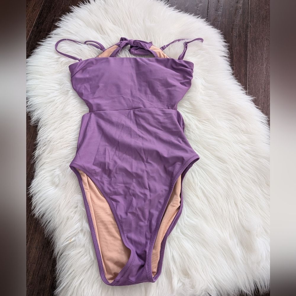 J. CREW Cutout Tie-Back One Piece Womens Swimsuit Purple High Cut Size 2